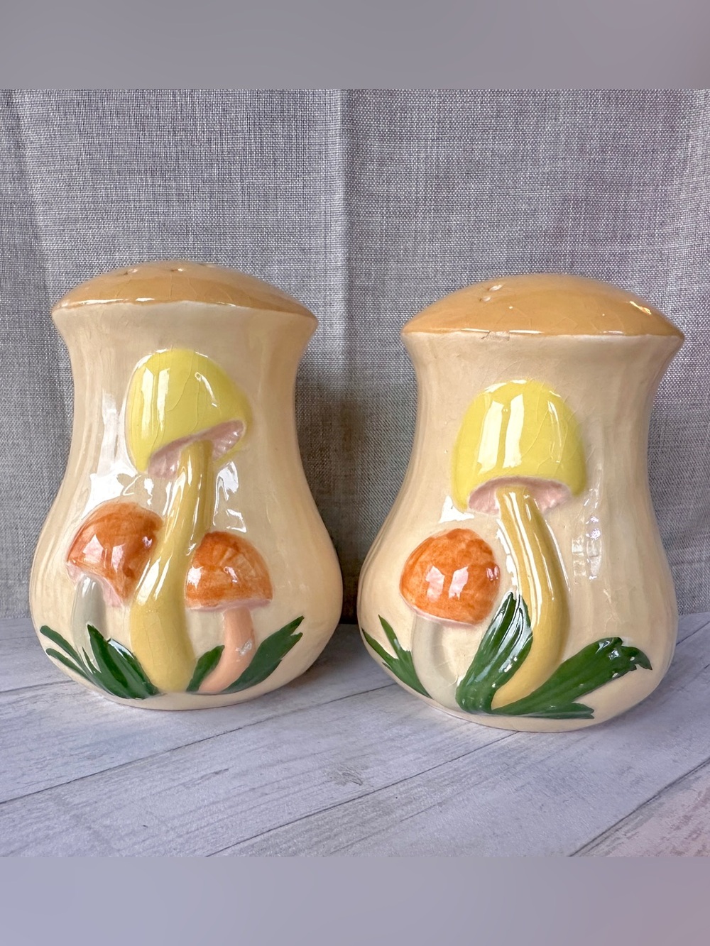 Vintage Mushroom Salt & Pepper Shakers Ceramic MCM Oversized 70s Set Cottagecore